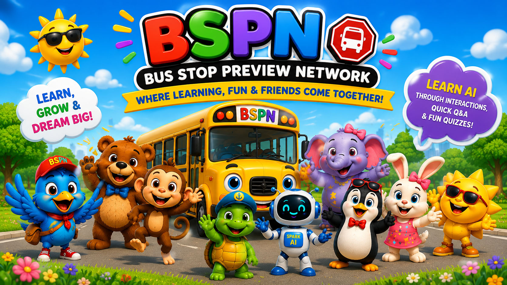 The smiling BSPN school bus with waving kids and animal friends