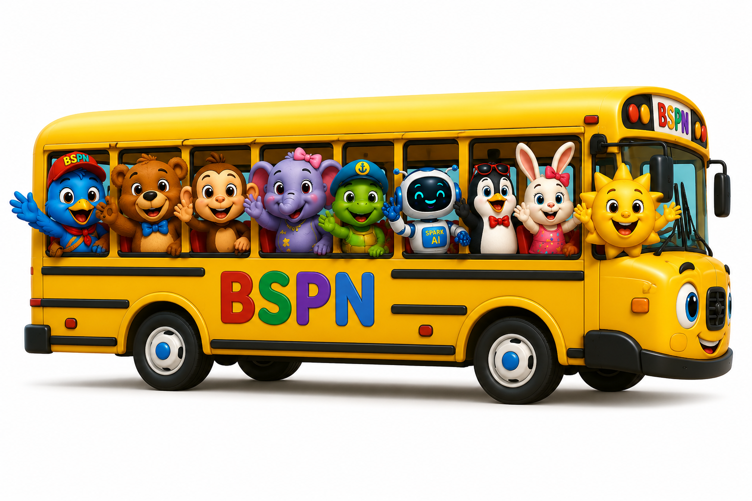 The whole BSPN crew waving from the windows of the yellow BSPN bus